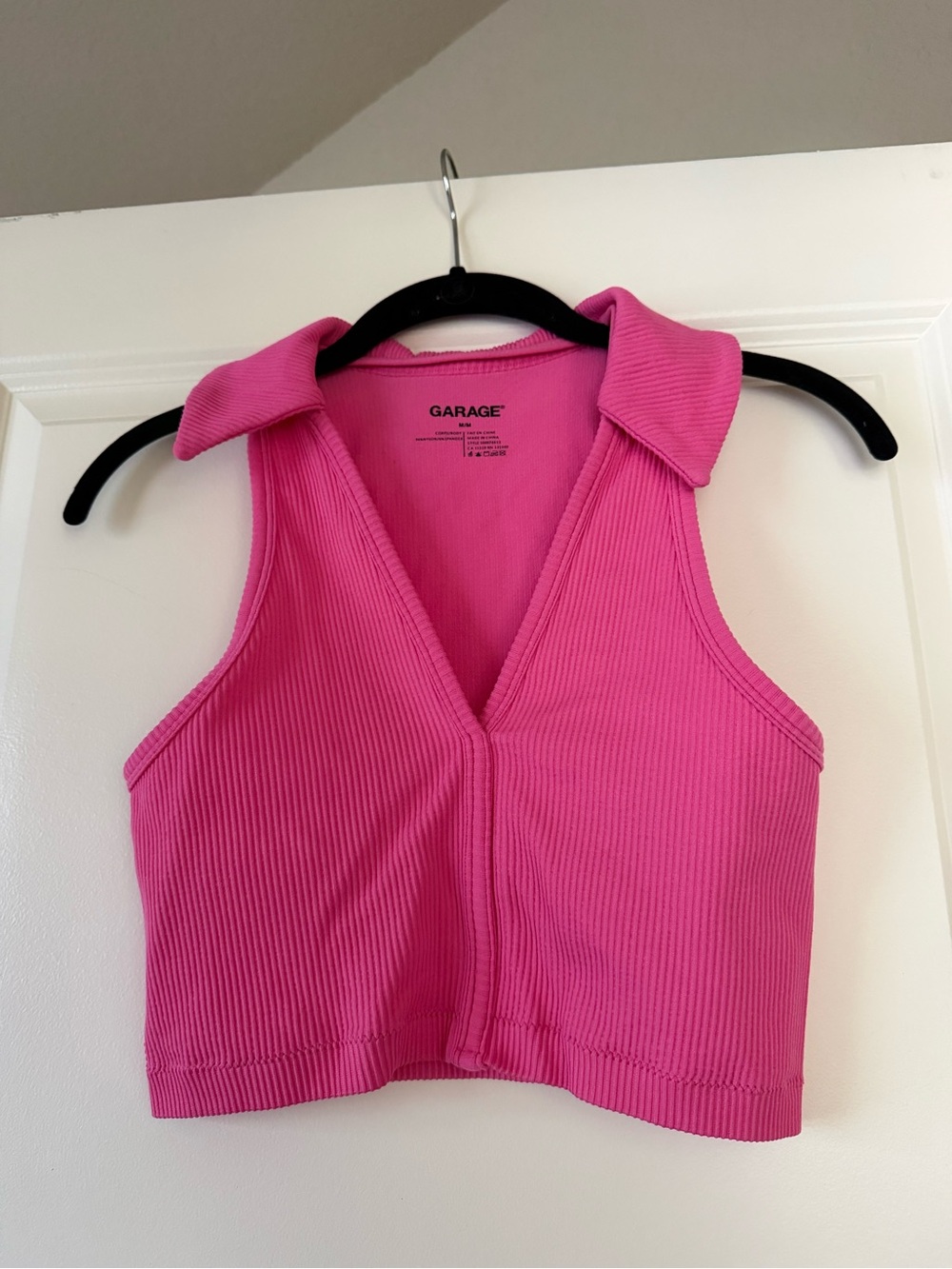 Garage Hot Pink Ribbed Collared V-Neck Crop Top
